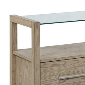 1 Drawer Glass Top Nightstand with Wood Grain Details and Sled Base, Brown