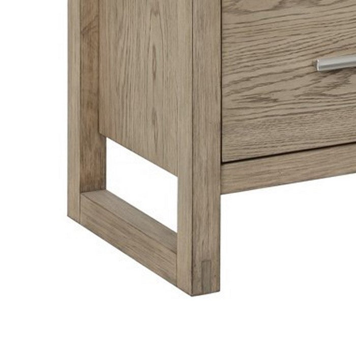 1 Drawer Glass Top Nightstand with Wood Grain Details and Sled Base, Brown