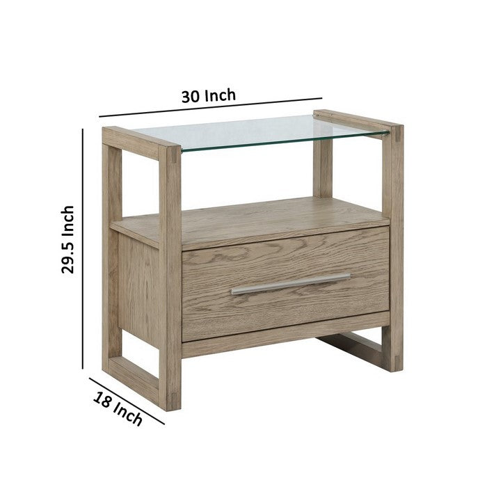 1 Drawer Glass Top Nightstand with Wood Grain Details and Sled Base, Brown