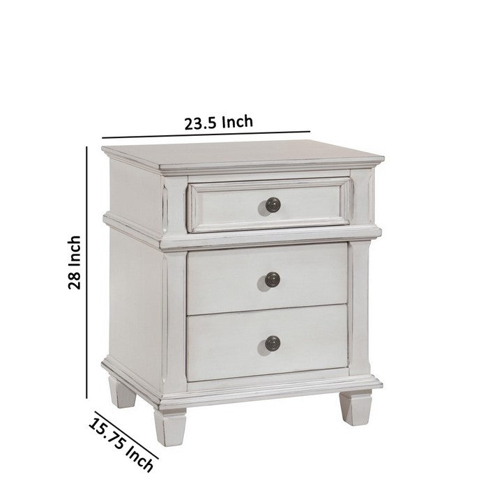3 Drawer Farmhouse Style Nightstand with Metal Knobs and Tapered Feet,White
