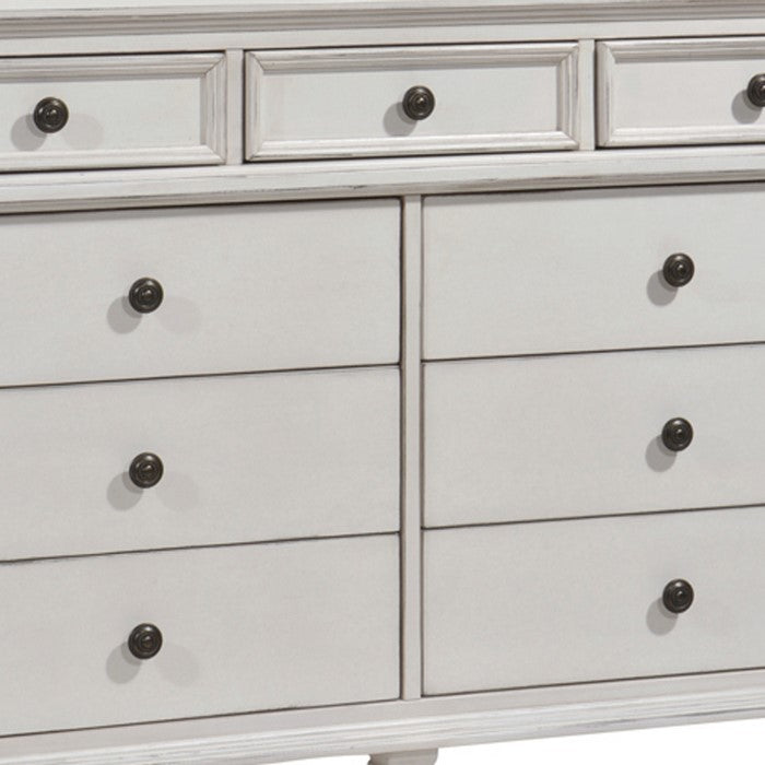 9 Drawer Farmhouse Style Dresser with Metal Knobs and Tapered Feet, White