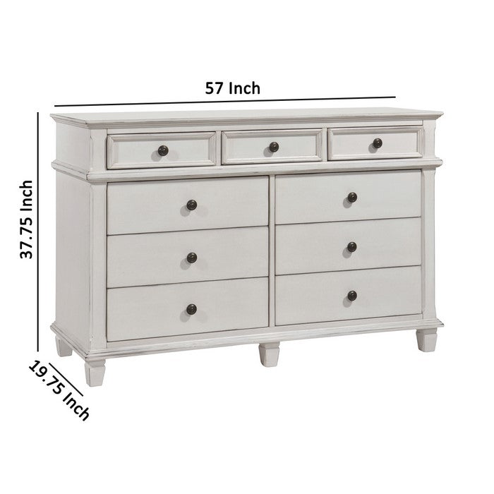 9 Drawer Farmhouse Style Dresser with Metal Knobs and Tapered Feet, White