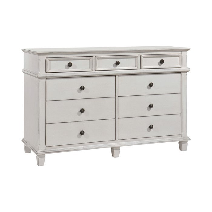 9 Drawer Farmhouse Style Dresser with Metal Knobs and Tapered Feet, White