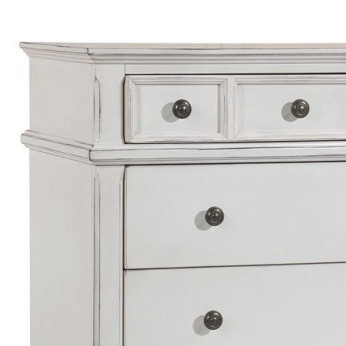 5 Drawer Farmhouse Vertical Chest with Metal Knobs and Tapered Feet, White