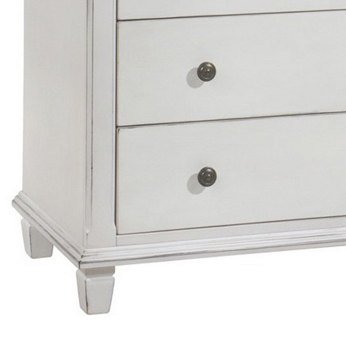 5 Drawer Farmhouse Vertical Chest with Metal Knobs and Tapered Feet, White