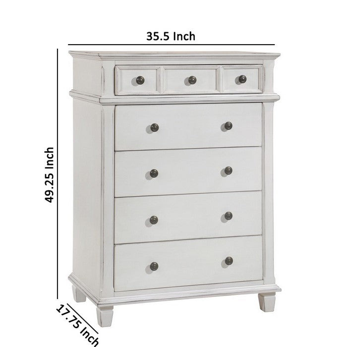 5 Drawer Farmhouse Vertical Chest with Metal Knobs and Tapered Feet, White