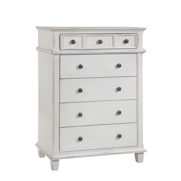 5 Drawer Farmhouse Vertical Chest with Metal Knobs and Tapered Feet, White
