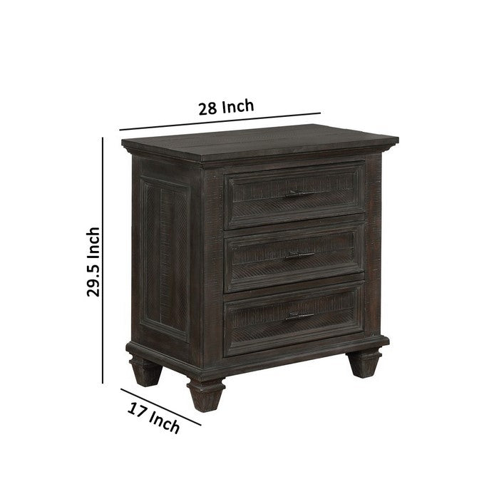 Planked Rough Hewn Saw Texture 3 Drawer Nightstand with Metal Handle, Gray