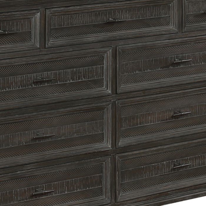 Planked Rough Hewn Saw Texture 9 Drawer Dresser with Metal Handle, Gray