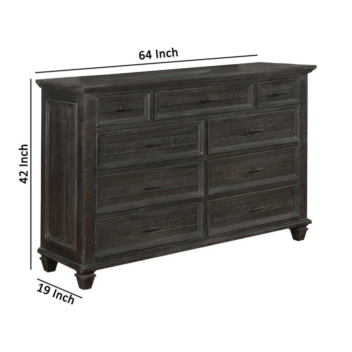 Planked Rough Hewn Saw Texture 9 Drawer Dresser with Metal Handle, Gray