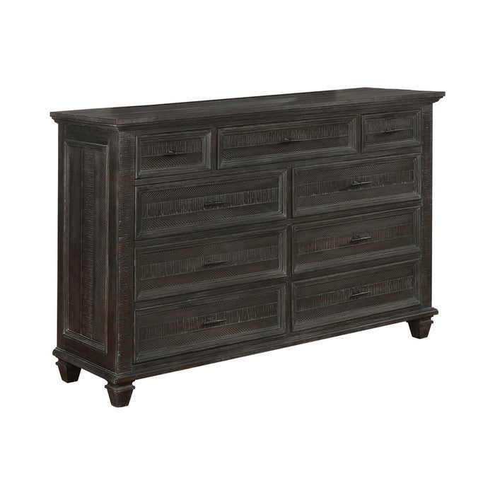 Planked Rough Hewn Saw Texture 9 Drawer Dresser with Metal Handle, Gray
