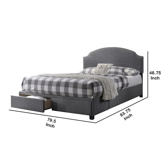 Fabric Upholstered Wooden Eastern King Storage Bed with Nailhead Trims,Gray