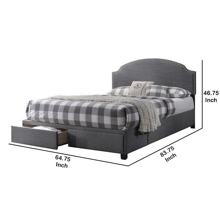 Fabric Upholstered Wooden Queen Size Storage Bed with Nailhead Trims, Gray