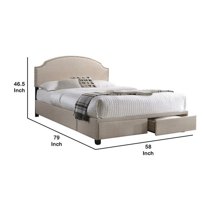 Fabric Upholstered Full Size Wooden Storage Bed with Nailhead Trims, Beige