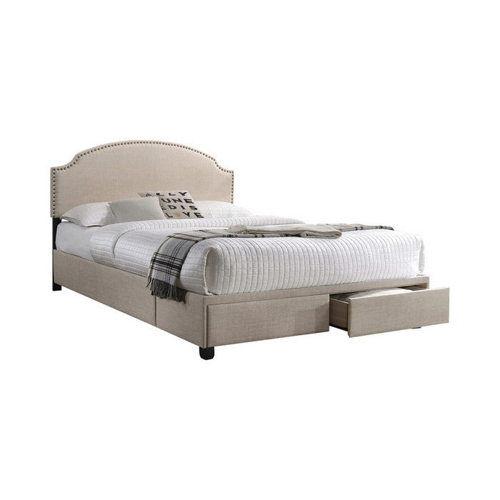 Fabric Upholstered Full Size Wooden Storage Bed with Nailhead Trims, Beige