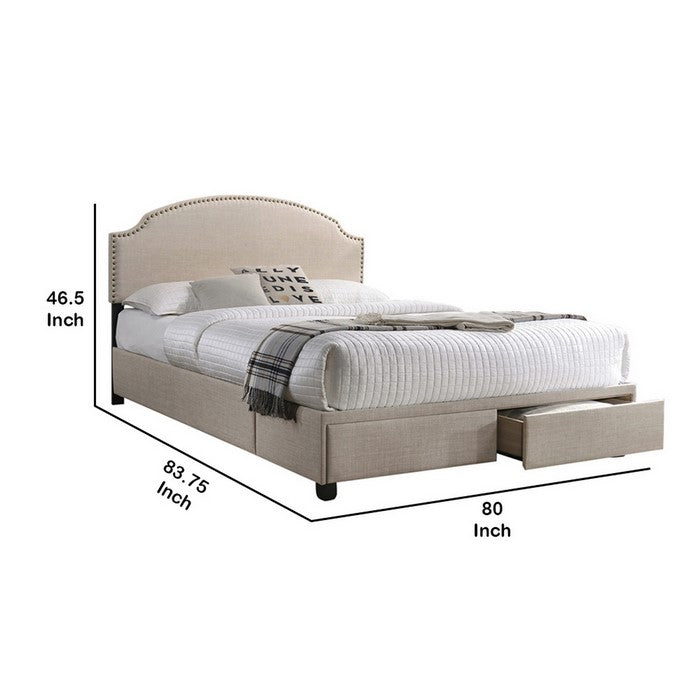 Fabric Upholstered Eastern King Storage Bed with Nailhead Trims, Beige