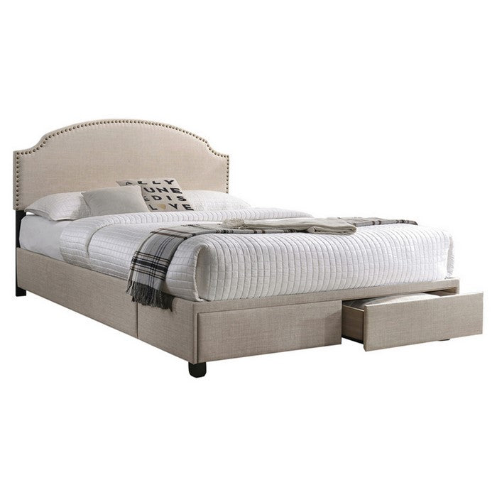 Fabric Upholstered Eastern King Storage Bed with Nailhead Trims, Beige