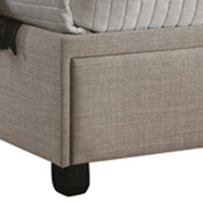 Fabric Upholstered Queen Size Storage Bed with Nailhead Trims, Beige