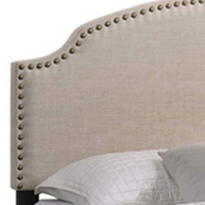 Fabric Upholstered Queen Size Storage Bed with Nailhead Trims, Beige