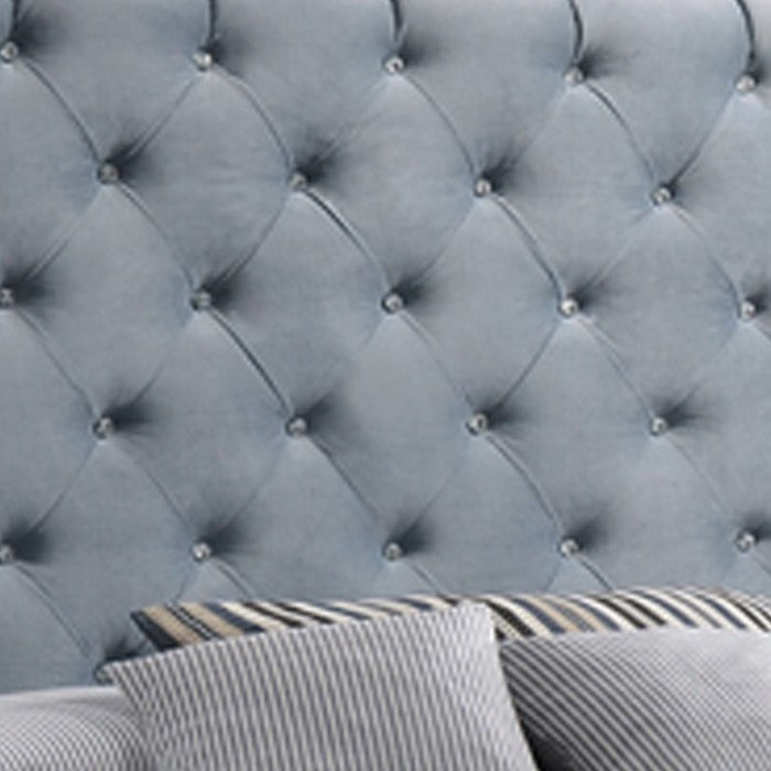 Fabric Upholstered Full Size Bed with Scroll Headboard Design, Blue