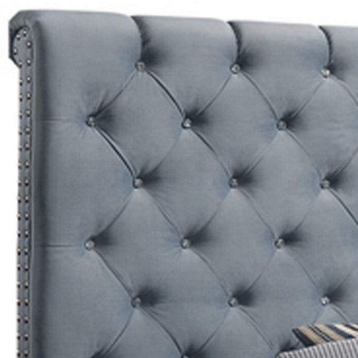 Fabric Upholstered Full Size Bed with Scroll Headboard Design, Blue