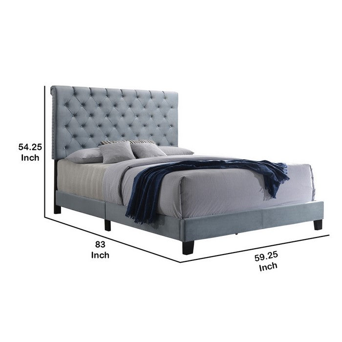 Fabric Upholstered Full Size Bed with Scroll Headboard Design, Blue