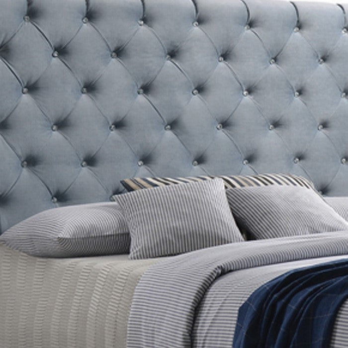 Fabric Upholstered Eastern King Bed with Scroll Headboard Design, Blue