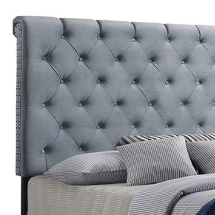 Fabric Upholstered Eastern King Bed with Scroll Headboard Design, Blue