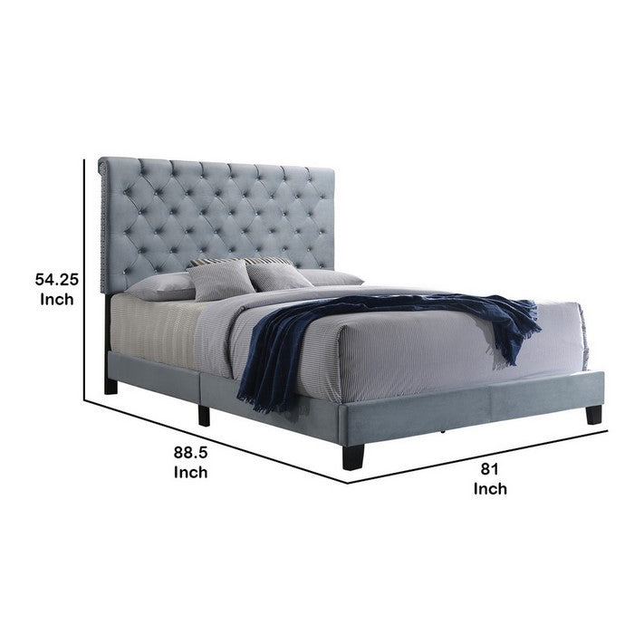 Fabric Upholstered Eastern King Bed with Scroll Headboard Design, Blue