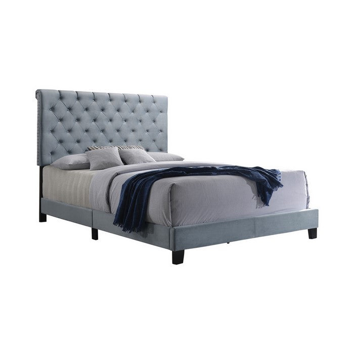 Fabric Upholstered Eastern King Bed with Scroll Headboard Design, Blue