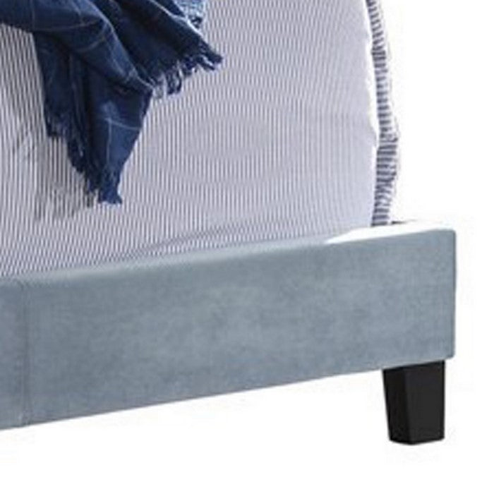 Fabric Upholstered Queen Size Bed with Scroll Headboard Design, Blue