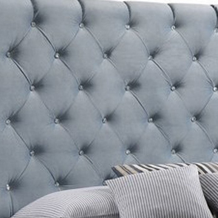Fabric Upholstered Queen Size Bed with Scroll Headboard Design, Blue