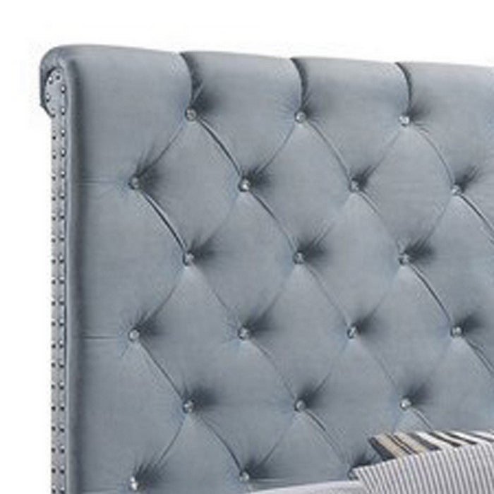 Fabric Upholstered Queen Size Bed with Scroll Headboard Design, Blue