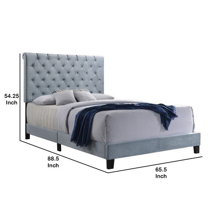 Fabric Upholstered Queen Size Bed with Scroll Headboard Design, Blue