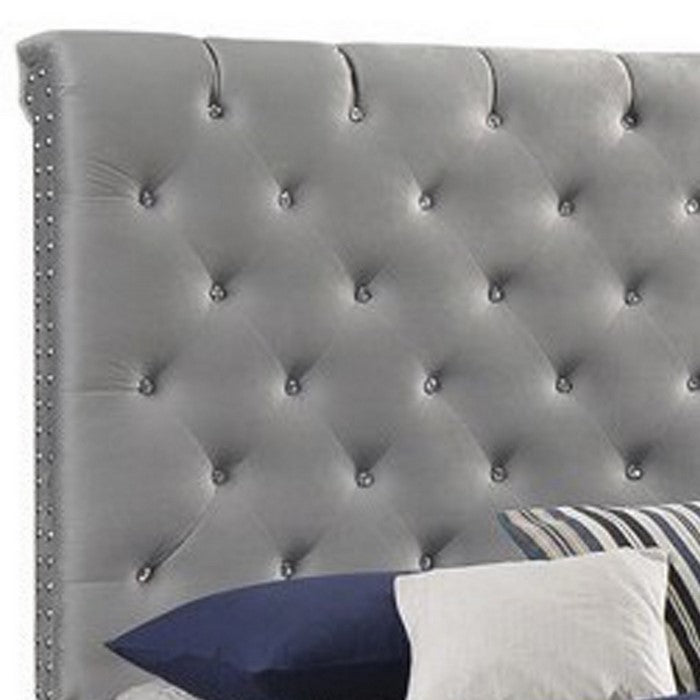 Fabric Upholstered Eastern King Bed with Scroll Headboard Design, Gray