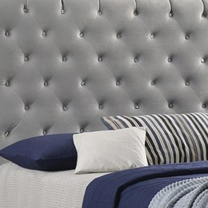 Fabric Upholstered Queen Size Bed with Scroll Headboard Design, Gray