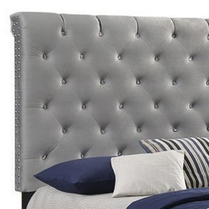 Fabric Upholstered Queen Size Bed with Scroll Headboard Design, Gray