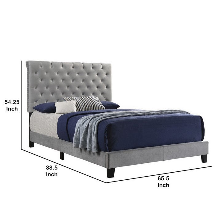 Fabric Upholstered Queen Size Bed with Scroll Headboard Design, Gray