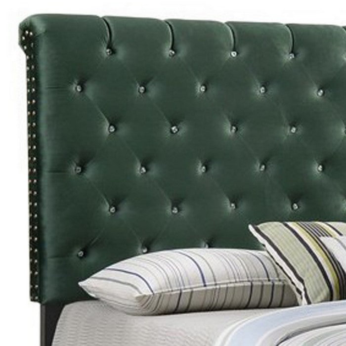 Fabric Upholstered Full Size Bed with Scroll Headboard Design, Green
