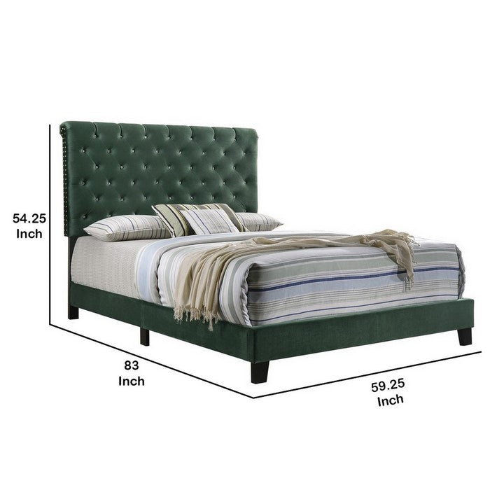 Fabric Upholstered Full Size Bed with Scroll Headboard Design, Green