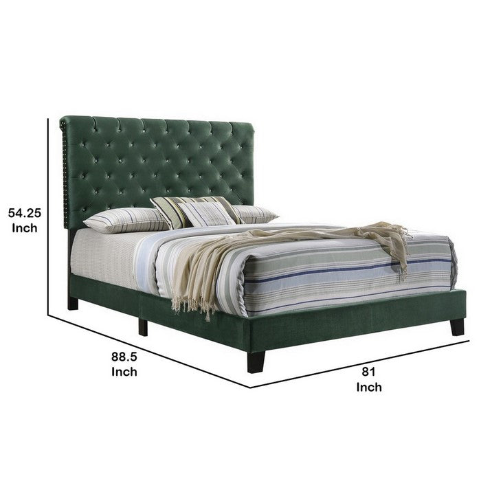 Fabric Upholstered Eastern King Bed with Scroll Headboard Design, Green