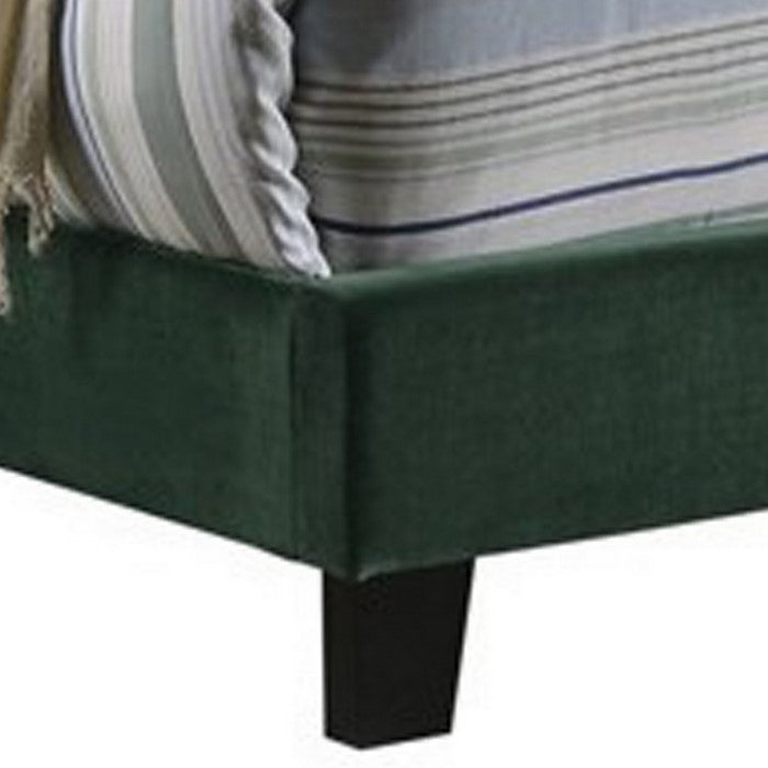 Fabric Upholstered Queen Size Bed with Scroll Headboard Design, Green