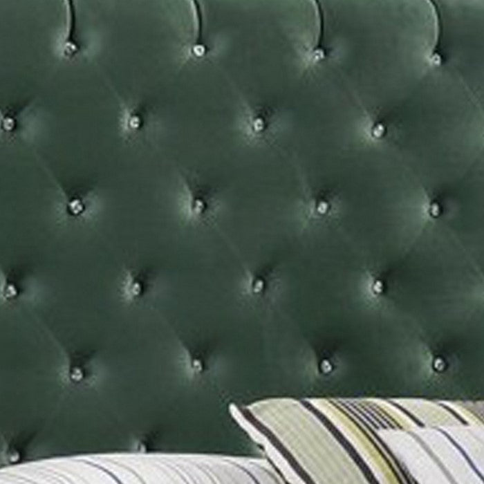 Fabric Upholstered Queen Size Bed with Scroll Headboard Design, Green