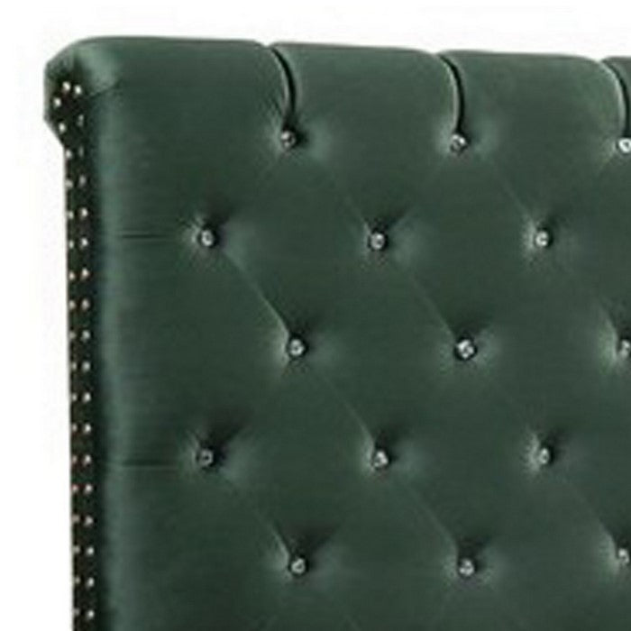 Fabric Upholstered Queen Size Bed with Scroll Headboard Design, Green