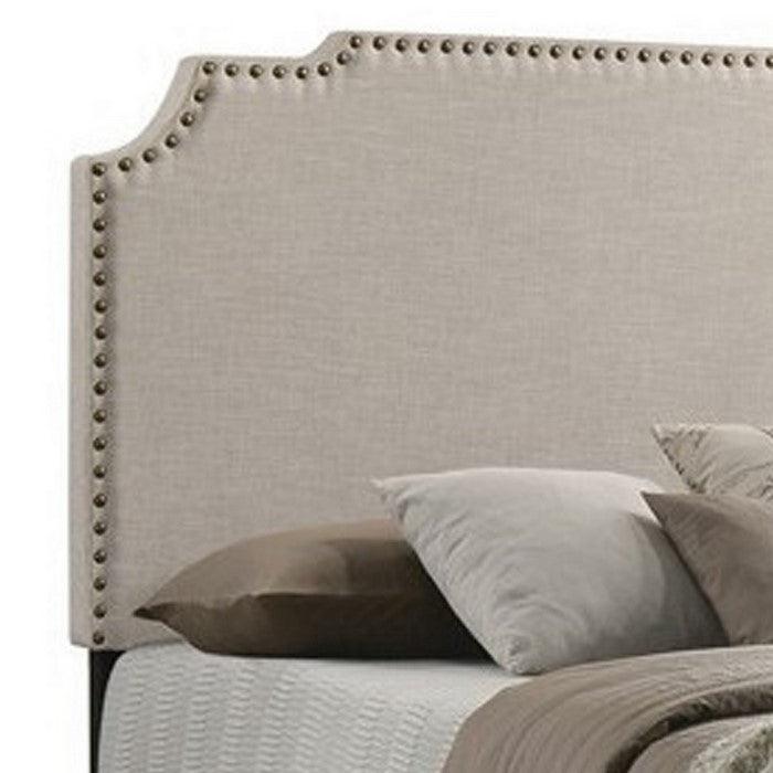 Fabric Upholstered Wooden Full Size Bed with Nailhead Trims, Beige