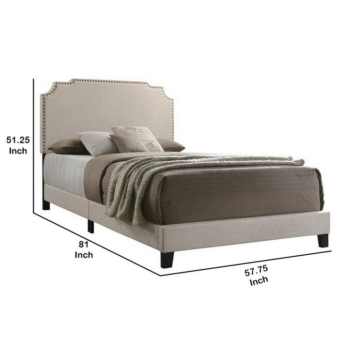 Fabric Upholstered Wooden Full Size Bed with Nailhead Trims, Beige
