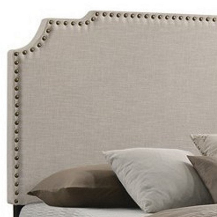 Fabric Upholstered Wooden Eastern King Size with Nailhead Trims, Beige