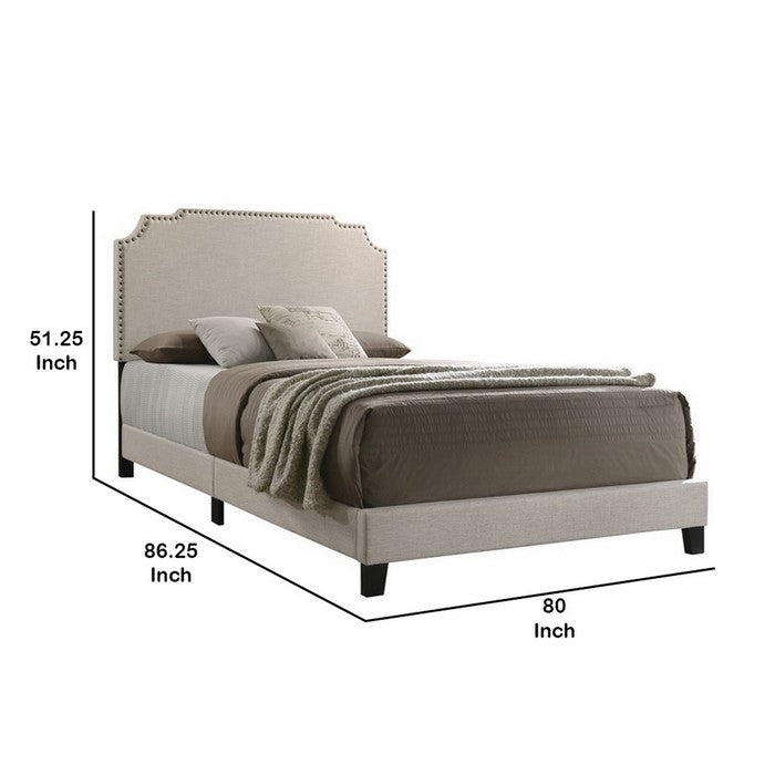 Fabric Upholstered Wooden Eastern King Size with Nailhead Trims, Beige