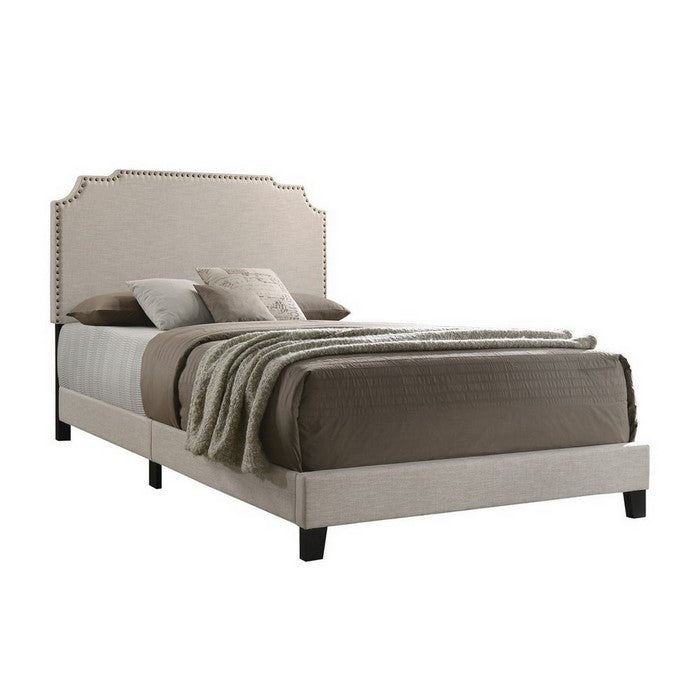 Fabric Upholstered Wooden Eastern King Size with Nailhead Trims, Beige