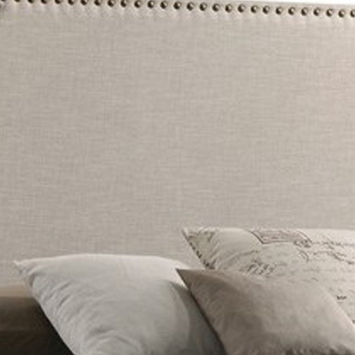 Fabric Upholstered Wooden Queen Size Bed with Nailhead Trims, Beige